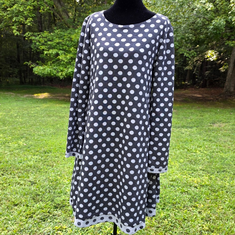 LISA BAYNE Women's M Gray Polka Dot Knit Dress Long Sleeve Pockets Artwear USA